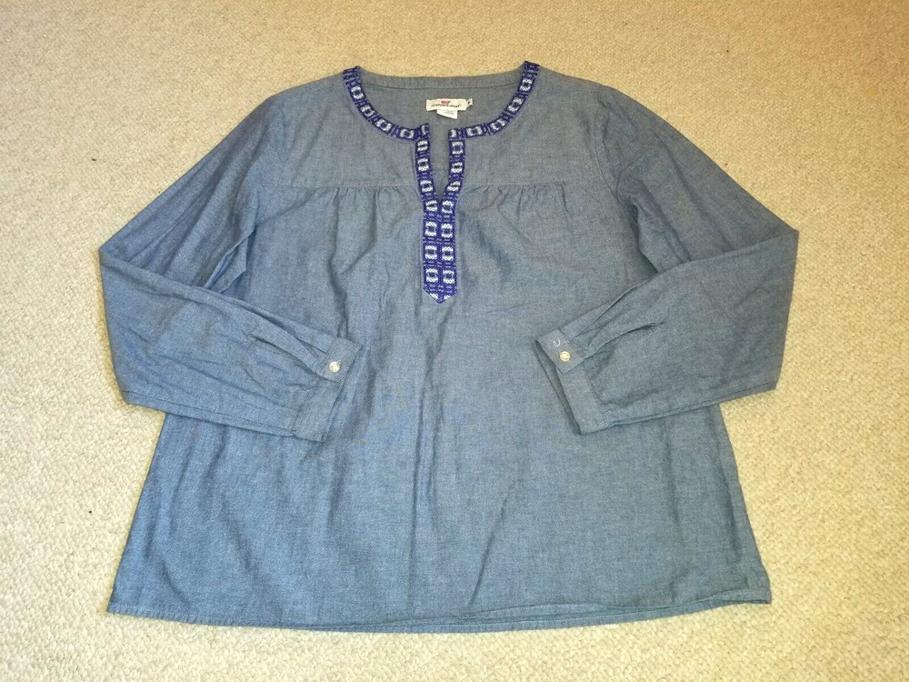 Womens Top-VINEYARD VINES-blue 100% cotton chambray embroidered tunic Preppy-M
